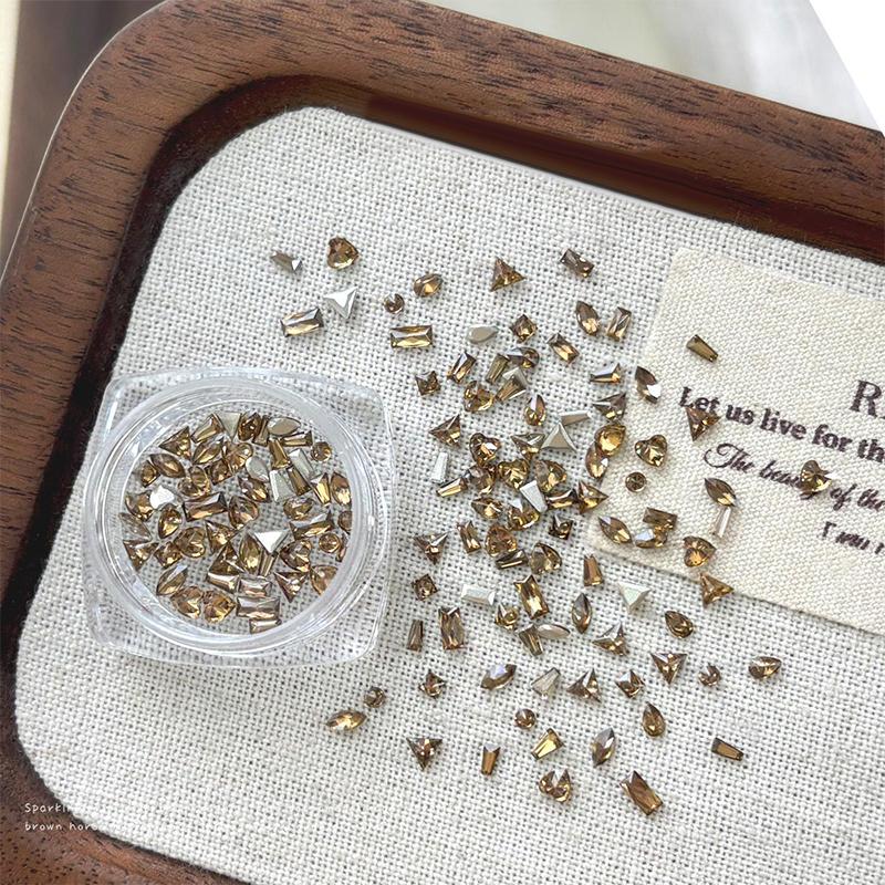 50Pcs Caramel Brown Mini Zircon Nail  Waterdrop/Round/Square/Triangle/Heart Nail Gemstones Glitter Nail Diamond Decor