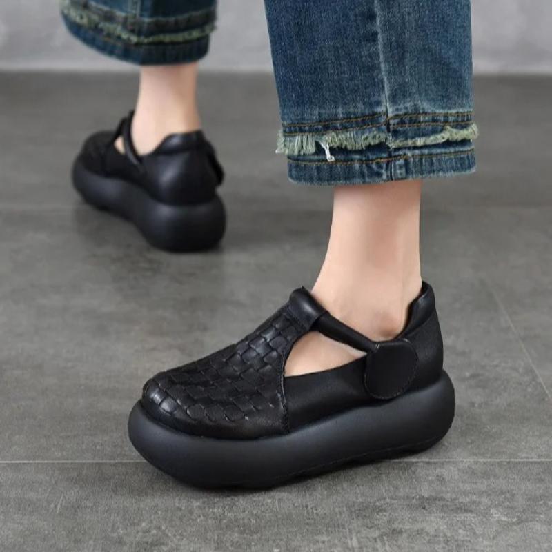 Johnature Hand Woven Genuine Leather Women's Shoes Comfortable Versatile Thick Soled Sandals