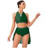S-XXL Women's Dancewear Set: Sleeveless Halter Ruched Crop Top & Sparkly Rhinestone Irregular Hem Skirt with Built-in Briefs for Lyrical Performance
