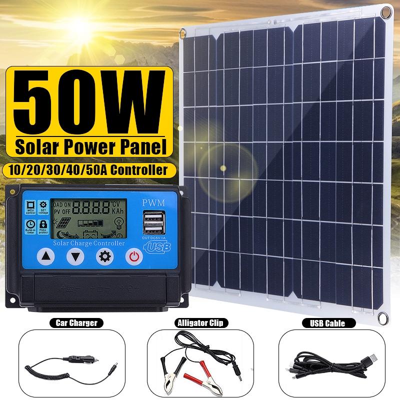50W Solar Panel Car Charger Dual USB Ports Outdoor Charger Power With USB Cable