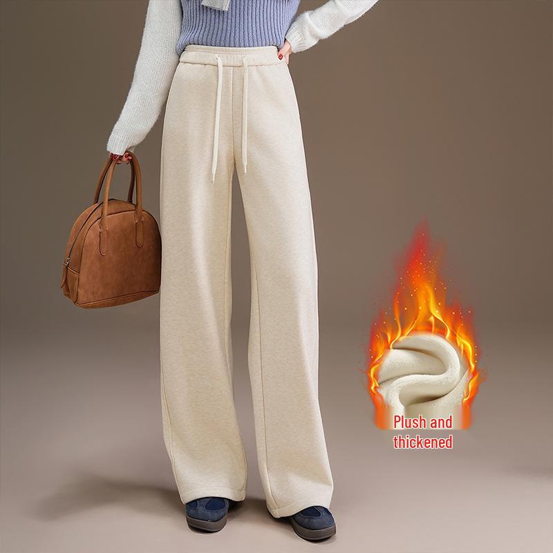 Women s Velvet-Lined Wool Wide-Leg Pants: Slimming Elastic Waist, Casual Straight-Leg, Autumn/Winter Style. 26