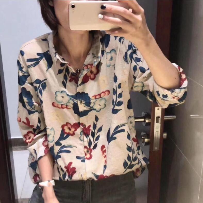 Large Size Loose Literary Retro Floral Cotton and Linen Shirt All-match Long Top