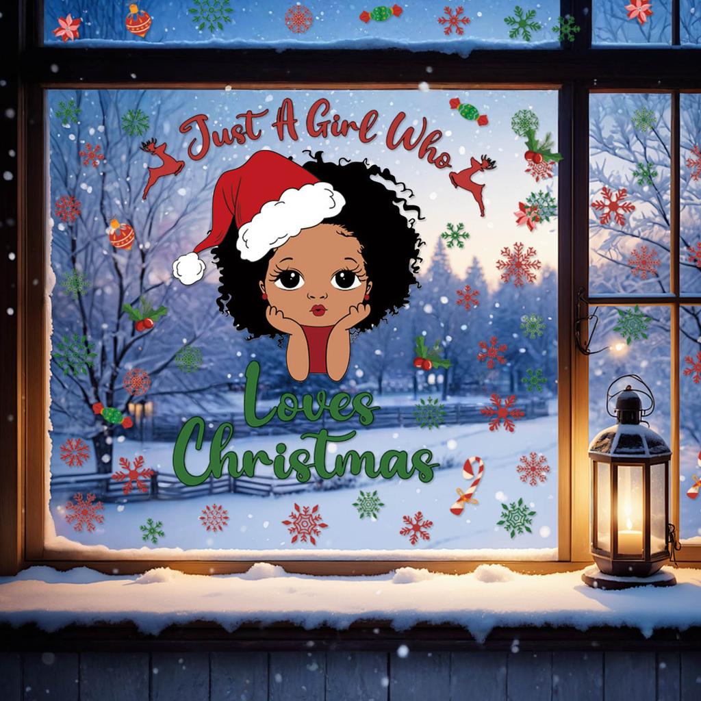 Christmas Window Sticker, Black Girl, Children's Room Wall Sticker, PVC Self-adhesive Material, Festive Atmosphere, Snowflake Window Sticker