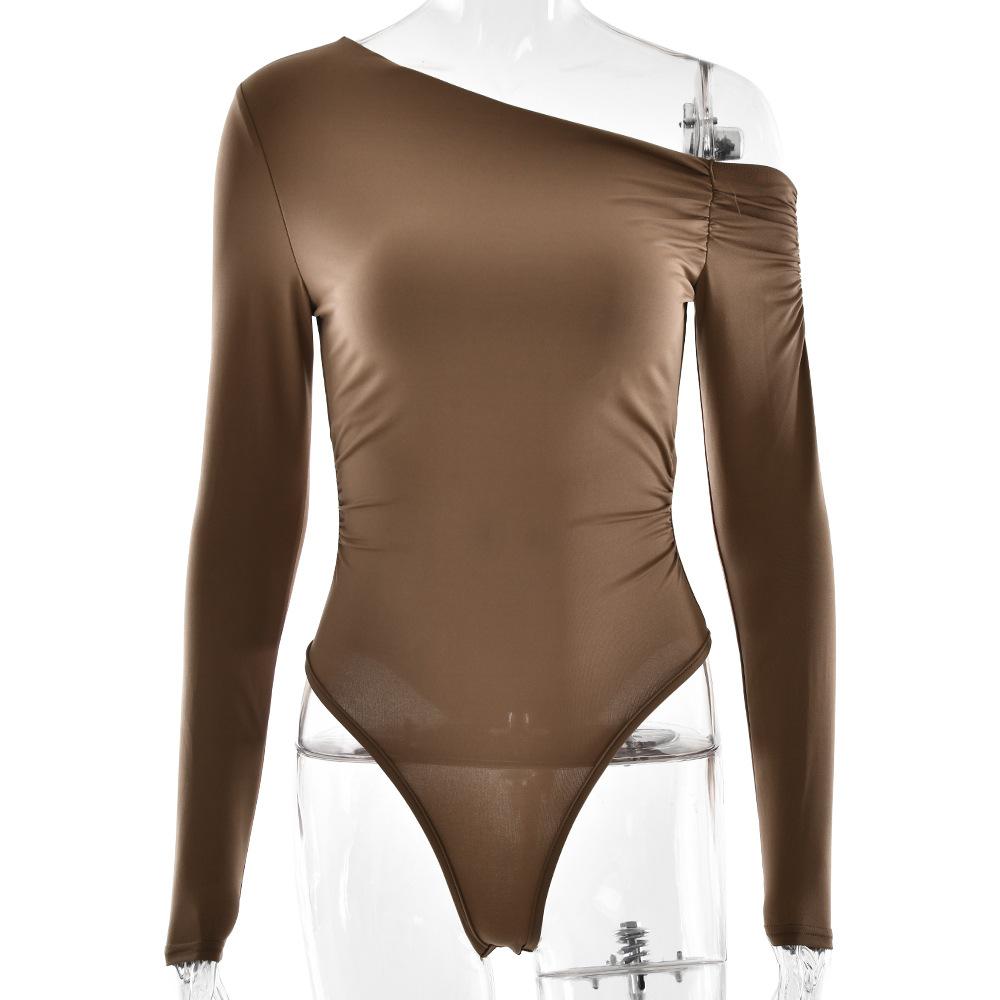 Fashion New Pleated Long Sleeve Slim Fit Sexy Rompers Women Jumpsuits Solid Elegant Base Bodysuits for Women Casual Skew Collar Ladies Jumpsuit 26162