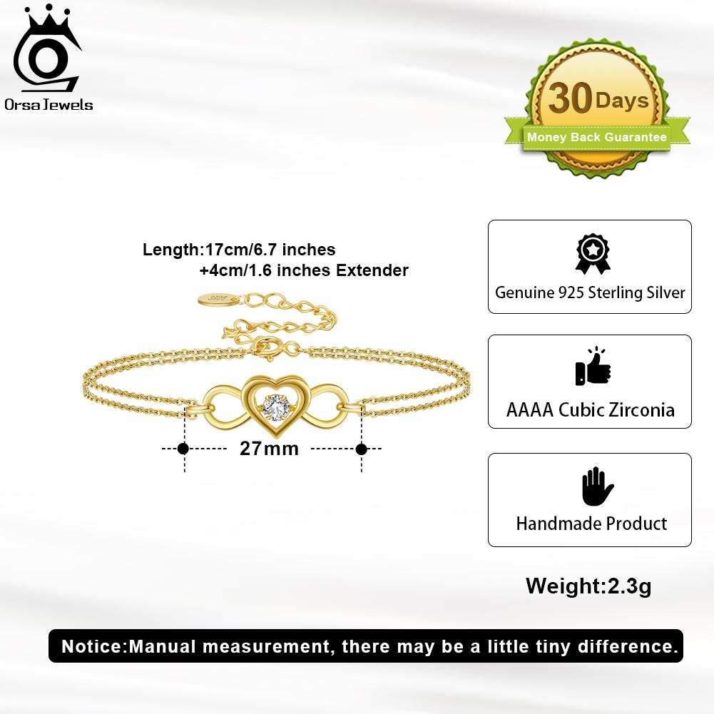 ORSA JEWELS Trendy 925 Sterling Silver Double Layers Heart Bracelet for Women Girl Mom Best Birthday Chain Bracelets Gift SB135