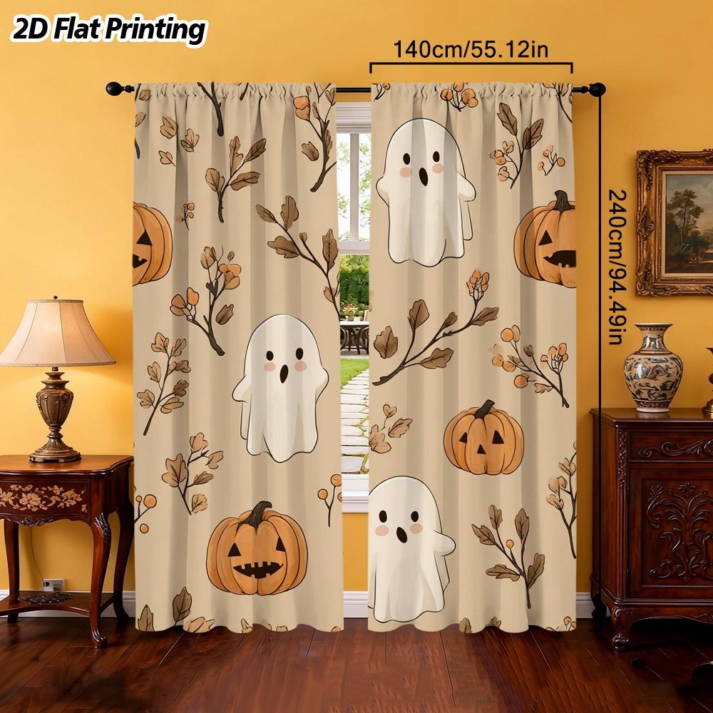 2PCS Halloween Fall Curtains, Ghost Pumpkin, Digital Print, Bedroom Living Room, Office, Kitchen, Bathroom, Rod Pocket