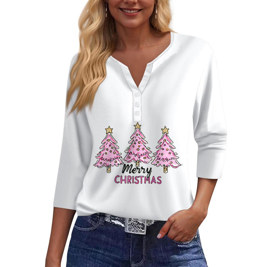 Women's T Shirt Tee Print Button 3/4 Sleeve Daily Weekend Fashion Basic V- Neck Regular Top