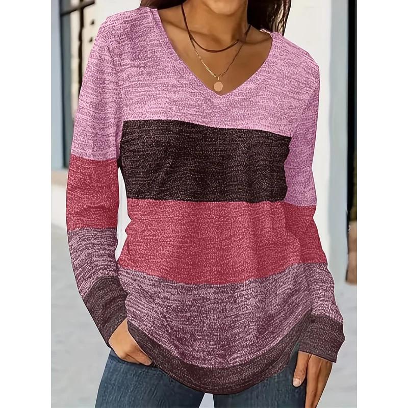 

Spring and Autumn V-neck 3D Color Block Striped Printed Top Fashionable Casual Long Sleeved Women s T-shirts 5XL