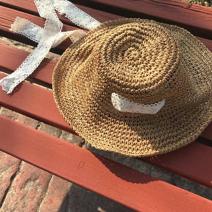 Literary strap fisherman straw hat children sunscreen crochet eaves folding sun hat lace strap straw sun hat