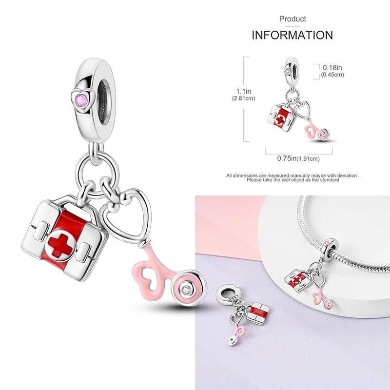 Medical Box Nurse Cap Heart Charms Tooth Stethoscope Beads Fit 3Mm Original Bracelet Women Copper Fine Charms Jewelry Gifts