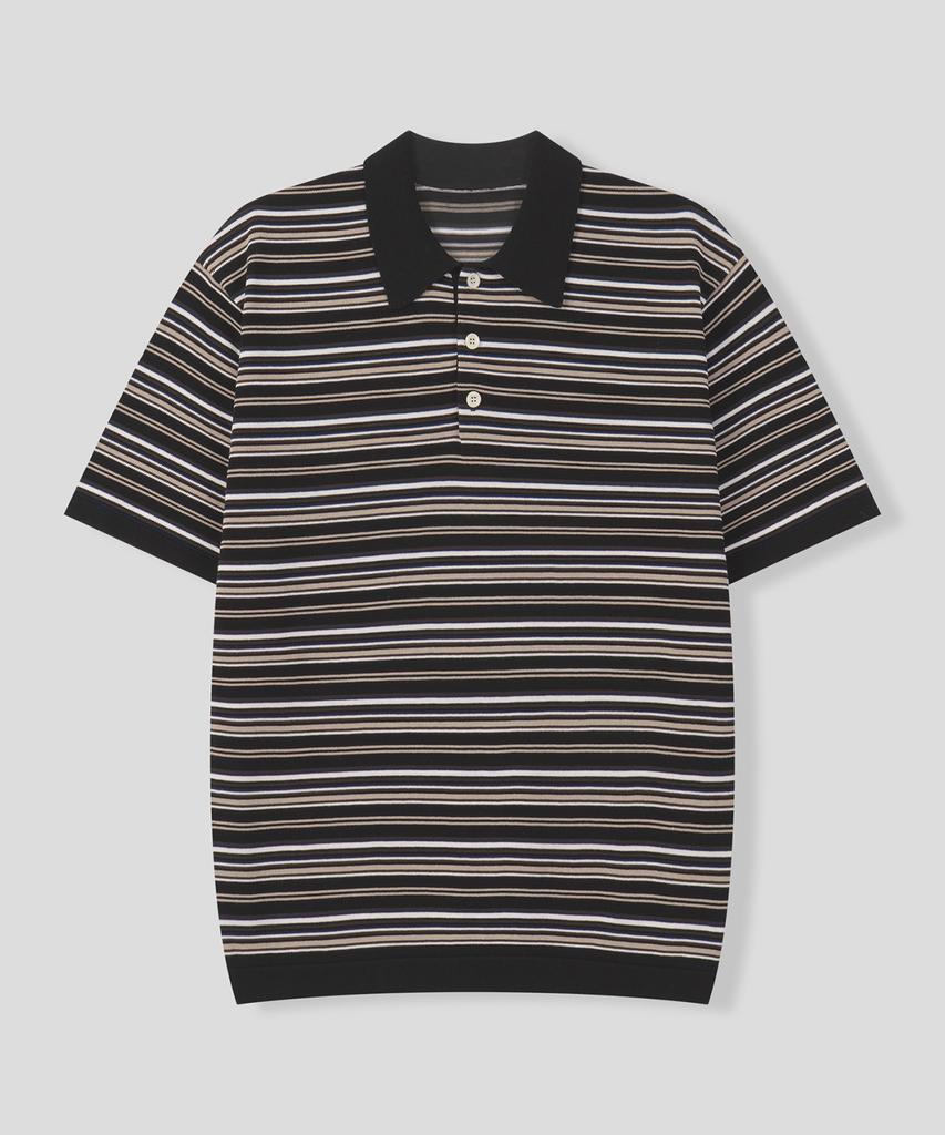 BLACK MOMENT Modern Striped Collared Knit Polo [Ivory Mix]