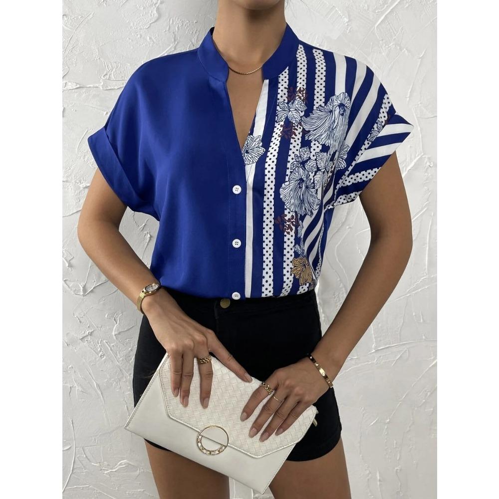Elegante Mode Gestreifte Floral Bedruckte V-Ausschnitt Kurzarm Street Knopfleisten Hemden 2025 Sommer Lässiges Lockeres Oberteil Bluse Damen Blusas