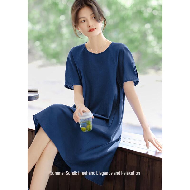 XWI Women s Deep Blue Round Neck A-Line Midi Dress L