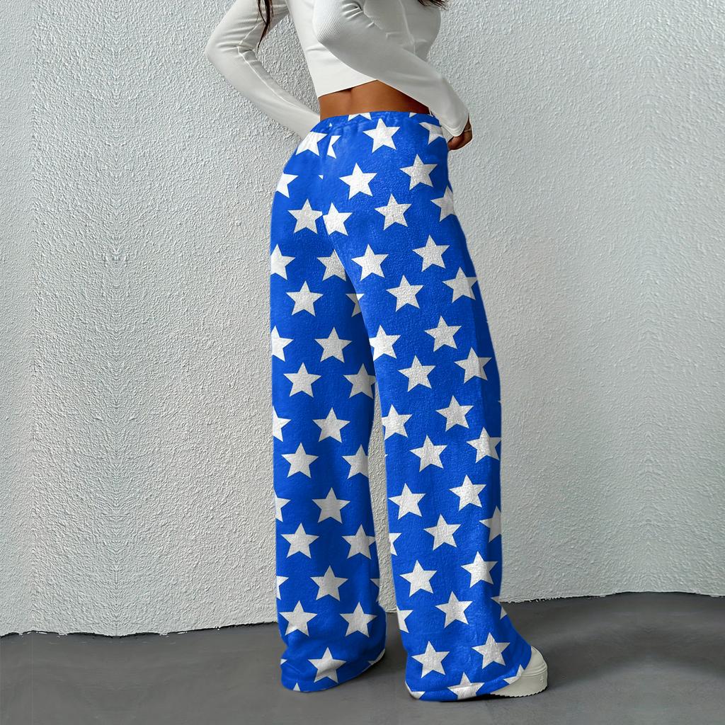 Women's Casual Fashion Printed Elastic Waist Loose Straight Leg Pants With Rope