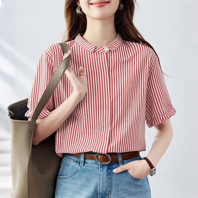 

ZANZEA Женская летняя повседневная блузка с отложным воротником, коротким рукавом и полосатым принтом 5XL красный