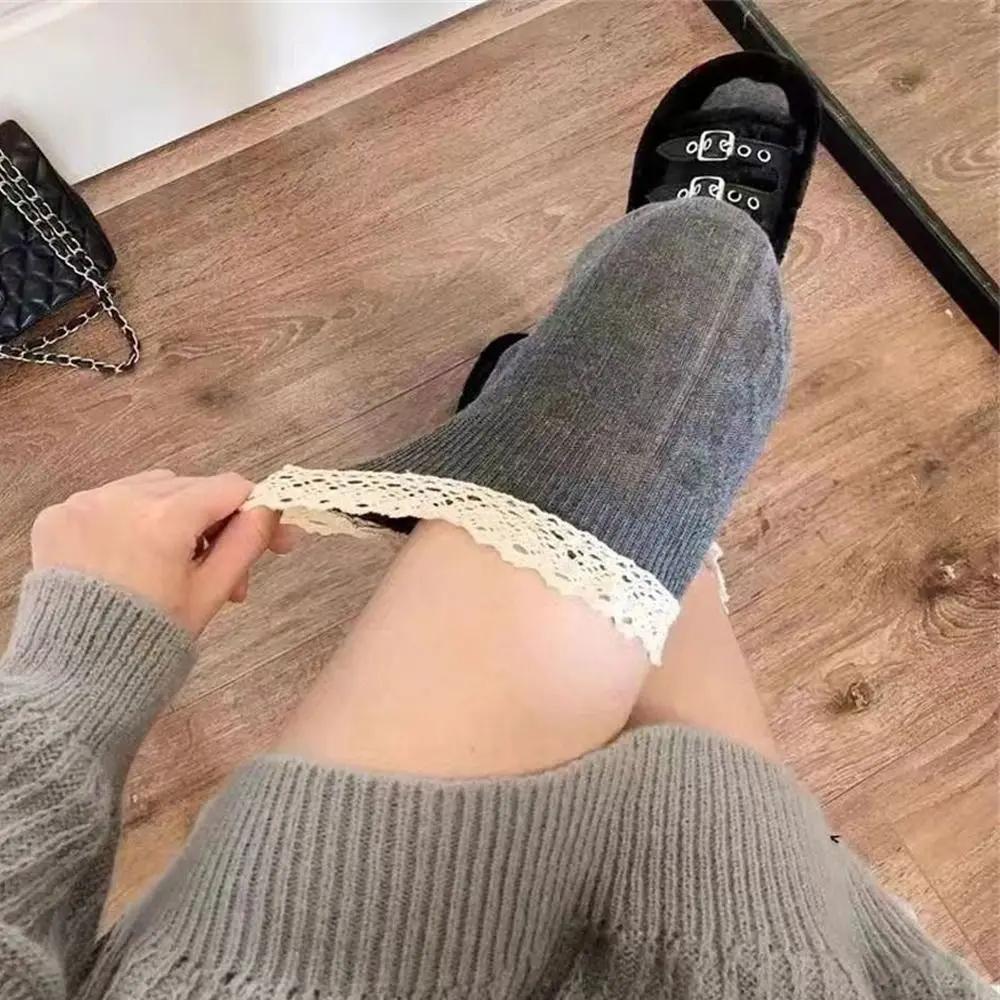 Süße Spitzen-Oberschenkelhohe Socken Japanischer Stil Gestrickte Lange Socken JK Lolita Schwarz Weiß Strümpfe Damen Mädchen Amagi