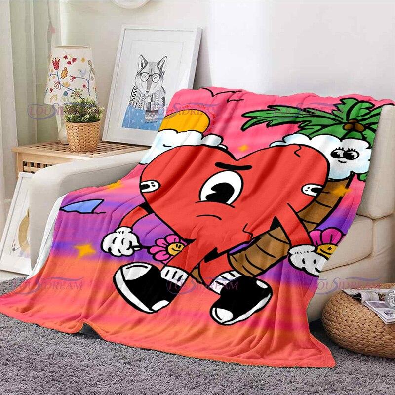 Cartoon Bad Bunny Blanket Flannel Blankets Pop Latin Music Warm Plush Fleece Throw Blankets for Aldult Sofa Bedding All Season