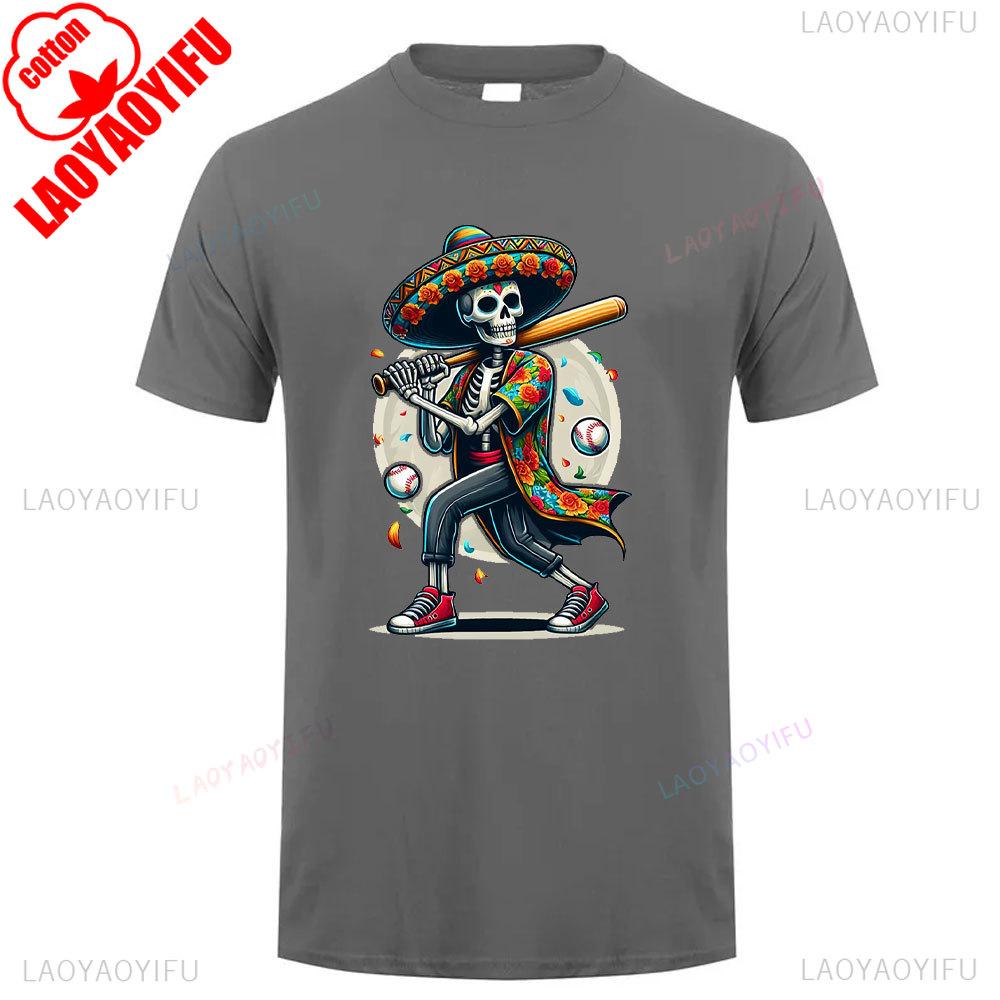 Cotton Summer Short Sleeve Mexican Skull Unisex Tee Round Neck Breathable Vintage Pattern Graphic Shortsleeved Launched Top