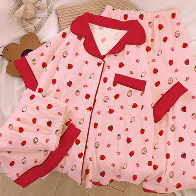 Cloud Cotton Spring Summer Pajamas Women Cute Strawberry Loungewear Summer Short Sleeve Three-Piece Set