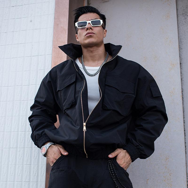 

Весенняя новинка уличной моды, воротник-стойка, свободный силуэт, много карманов, ветрозащитная модная куртка 2XL чёрный