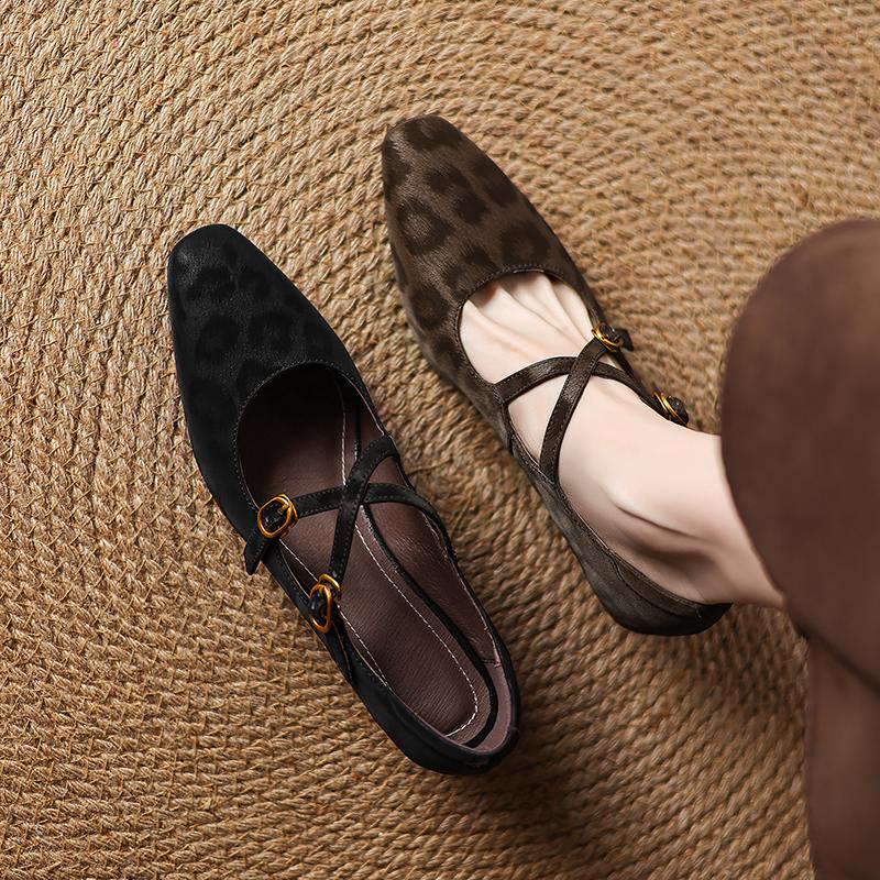 Krazing Pot Cow Skin Spring Summer Size 43 Size 42 Size 41 Thick Med Heels Women Square Toe Leisure Leopard Pumps