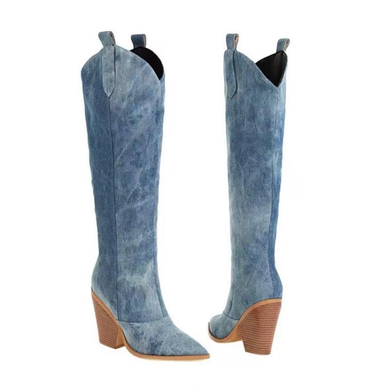 2026 new large size western denim camouflage fabric pointed head and high tube thin pipe pants boots