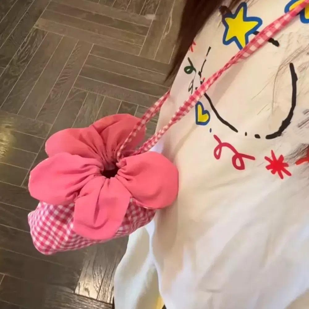 Plaid Flower Drawstring Bag Cute Ins Shoulder Bag Casual Small Crossbody Bag  Vacation