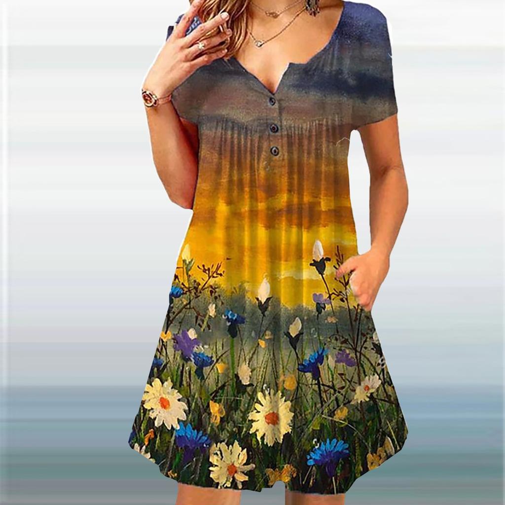 Ladies Casual Round Neck Button Ruched Trim Printed High Waist Loose Dress