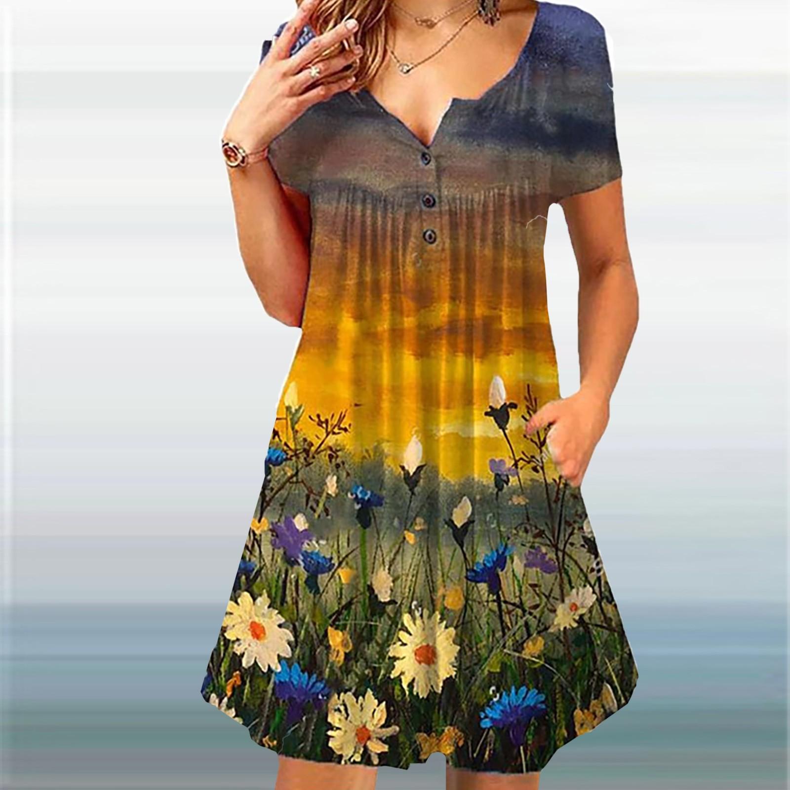 

Женское повседневное свободное платье с высокой талией и пуговицами с рюшами и принтом XL жёлтый