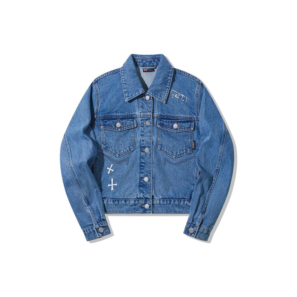 Li Ning Solid Color Single-Breasted Long Sleeve Denim Jacket Women jackets Light-Denim-Blue AJDT534-1