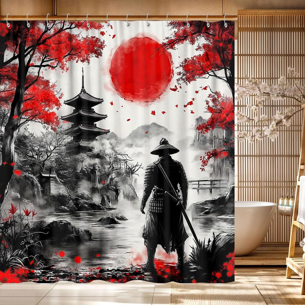 Japanese Anime Shower Curtain,Cool Watercolor Japan Cherry Blossom Floral Mountain Asian Oriental Abstract Art Shower Curtain