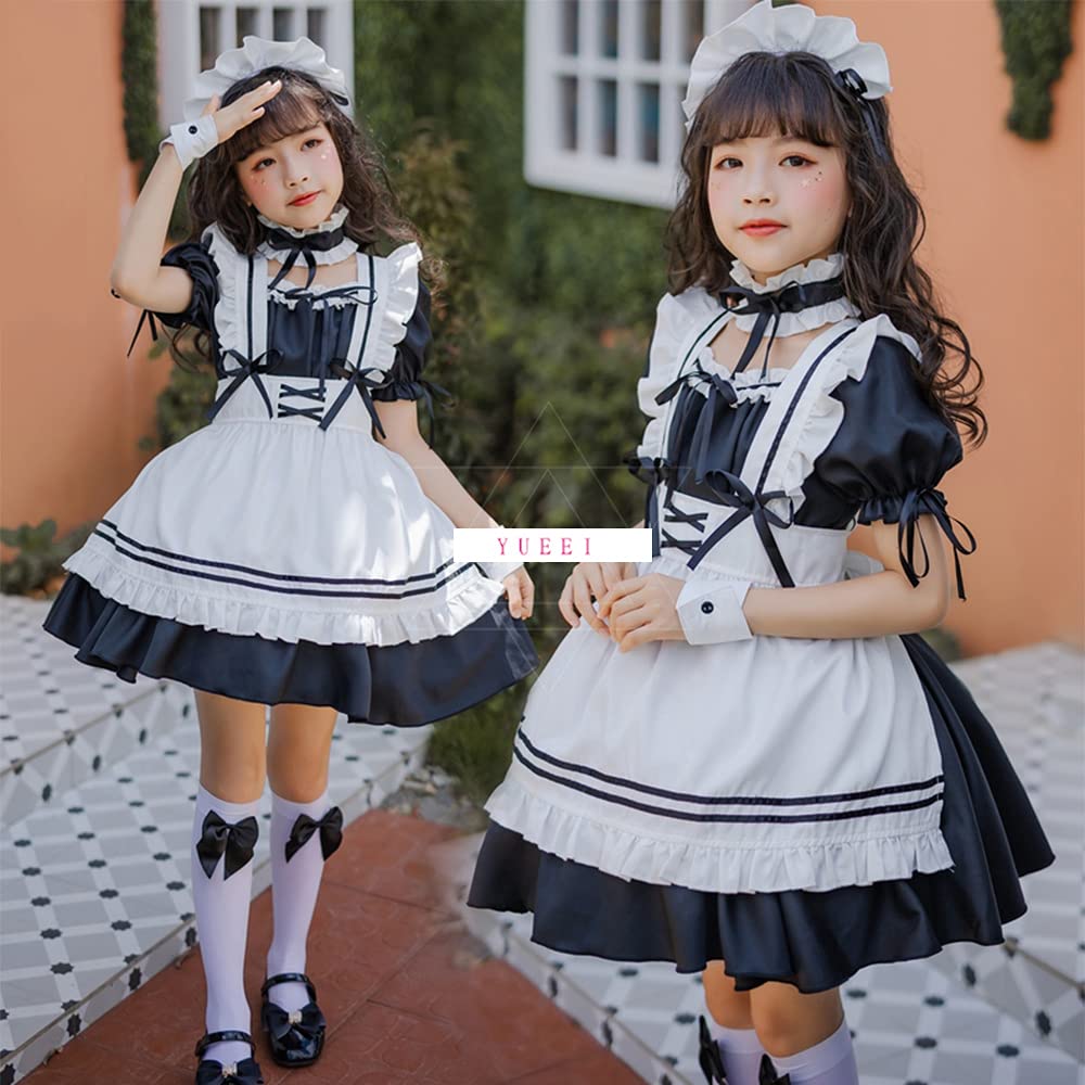 YUEEI Maid Outfit for Halloween Short Cute Lolita Set Kids, Cosplay, Girls' Dress, Sleeves, Style, Party, Event, Costume, Bow, 5-Piece (130)