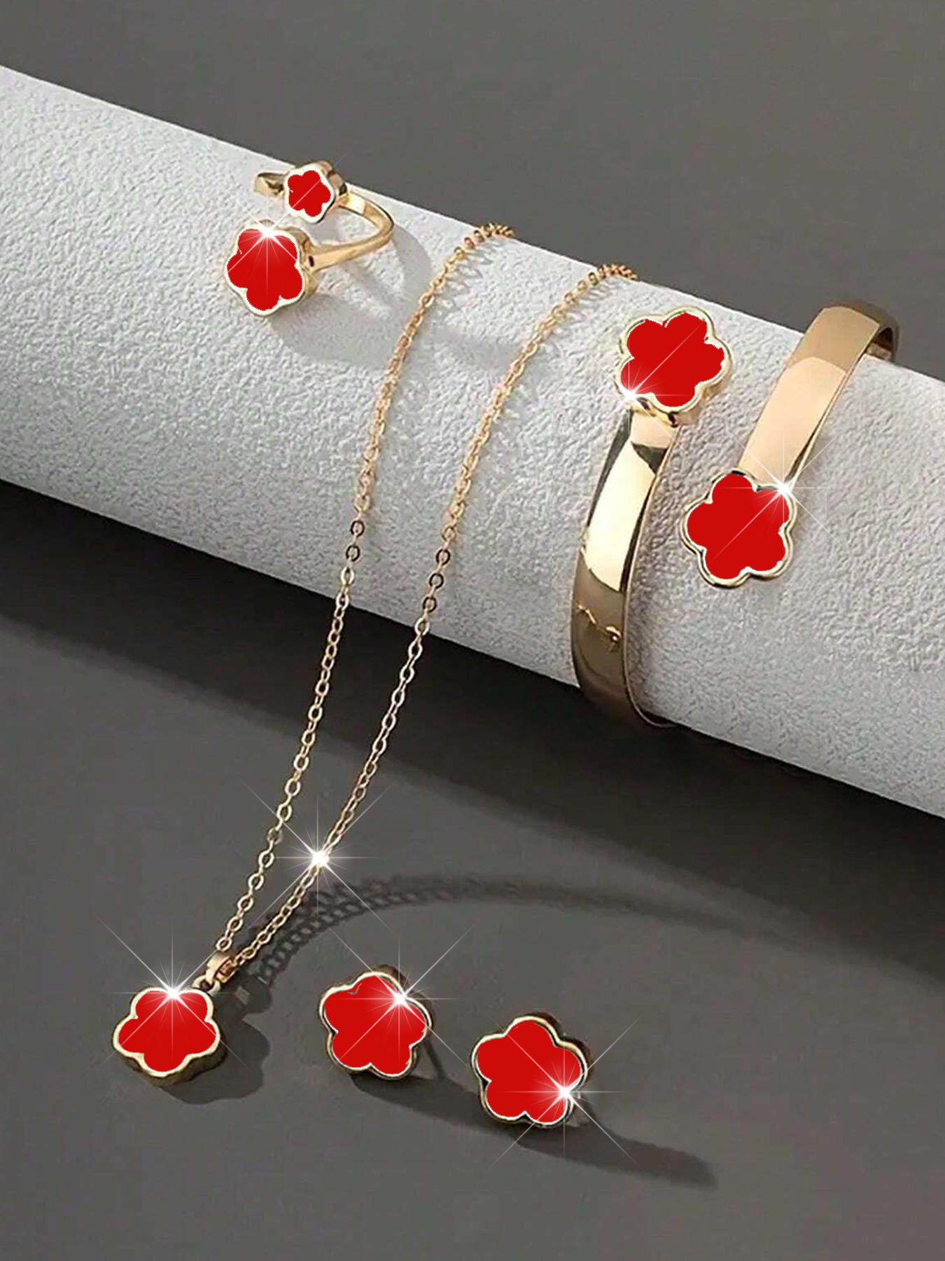 

Набор из 5 цирконов: браслет «Клевер на удачу», ожерелье, серьги, ожерелье и кольцо. Набор с цирконами. Подходит для повседневной носки в качестве подарка для