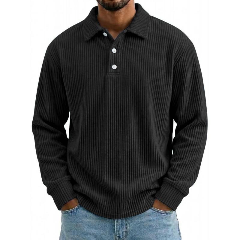 Mens Solid Corduroy Relaxed Fit Long Sleeve Polo Shirt Casual Wear