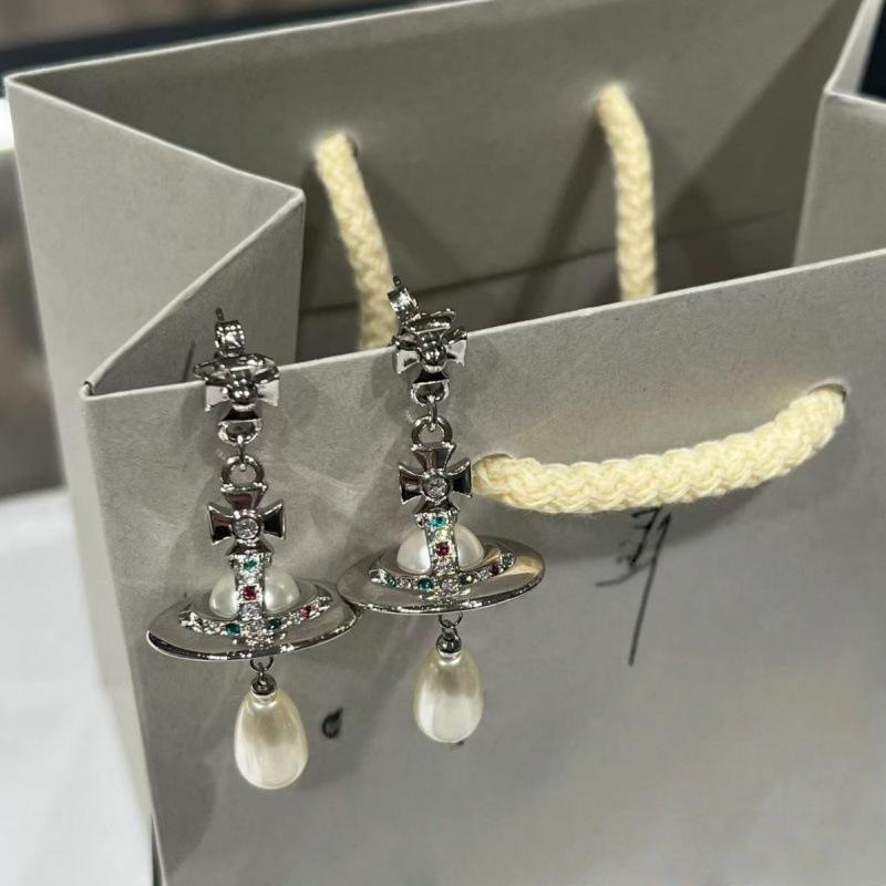 

Empress Dowager Tu Xingxing Gold Saturn Earrings: Rhinestone Studs & Pearl Drops for Women