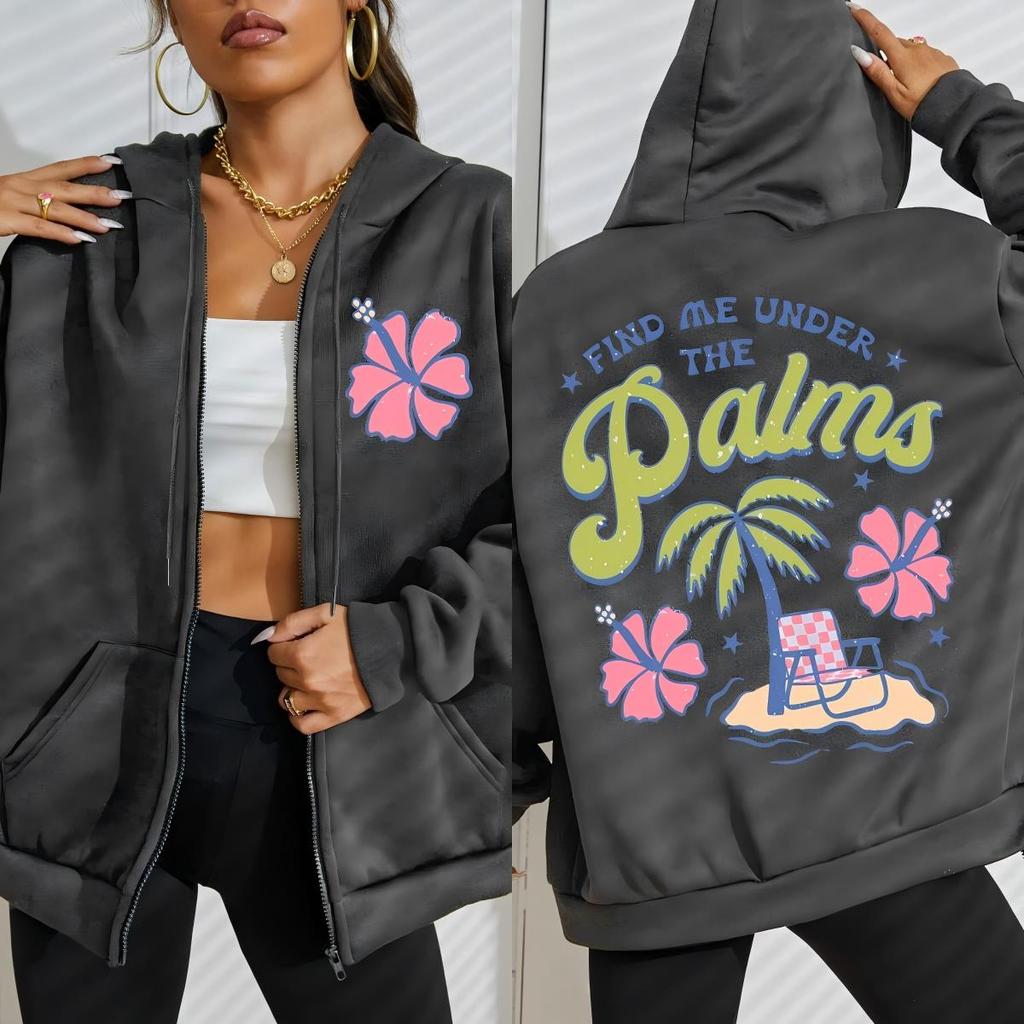 Find Me Under The Palms Beach Coconut Trees Design Zipper Hoody Women Y2K Loose Hoodie Fleece Pocket Clothes Hoodies