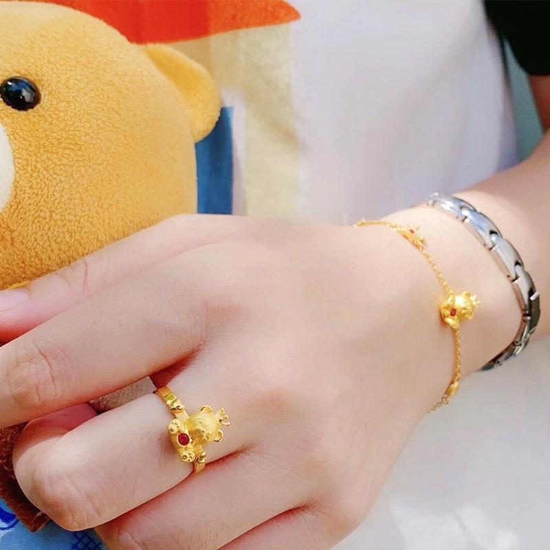 Gold-Plated Crystal Teddy Bear Pendant Necklace & Open Crown Ring Set for Women