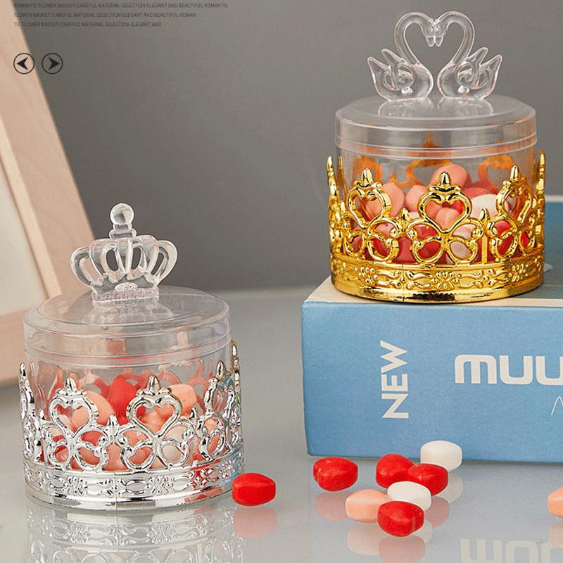 12Pcs Plastic Candy Box Golden Silver Crown Swan Transparent Packaging Candy Box Birthday Wedding Candy Box Party Supply