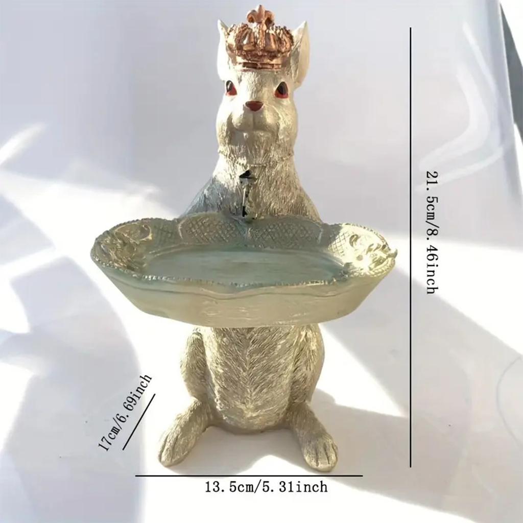 Decorative Rabbit Jewelry Dish with Ornate Tray and Crown Accent for Holding Small Items and Accessories