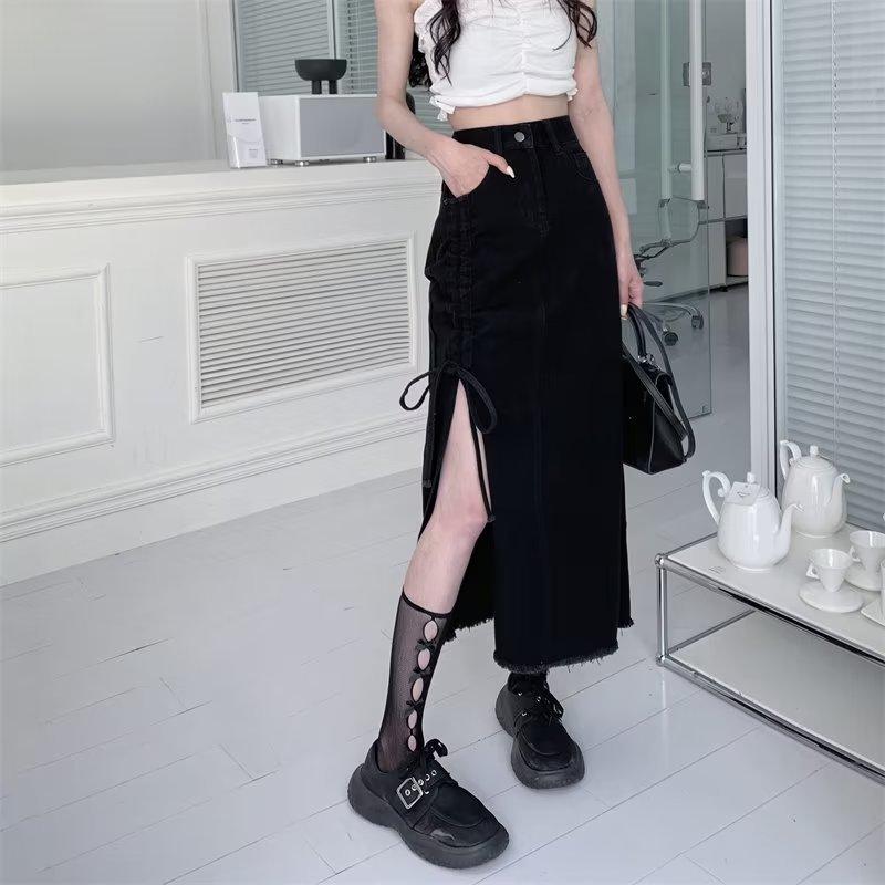 Halber Freizeitrock für Damen in Übergröße, lockerer, geteilter Halbkörperrock, hohe Taille, mittellanger Jeansrock