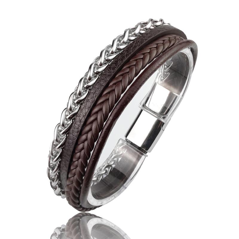 High Quality Stainless Steel Leather Bracelets For Men Six Color Punk Curb Cuban Link Chain Bracelets On the Hand Jewelry Gifts