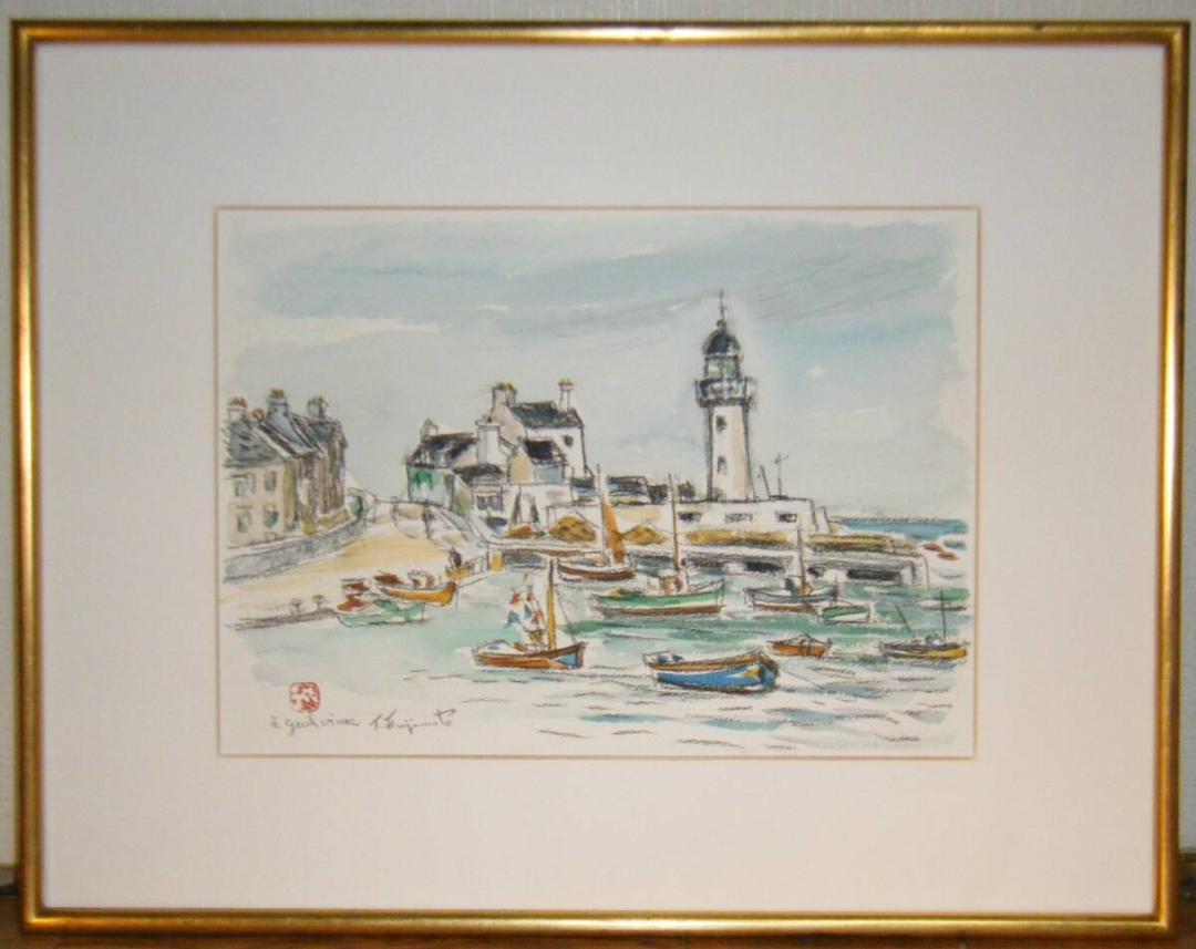 

[Б/У] Подлинная картина Тоичиро Фудзимото, акварель, Рыбацкая деревня Бретани, Портовый город с морским бризом, T25