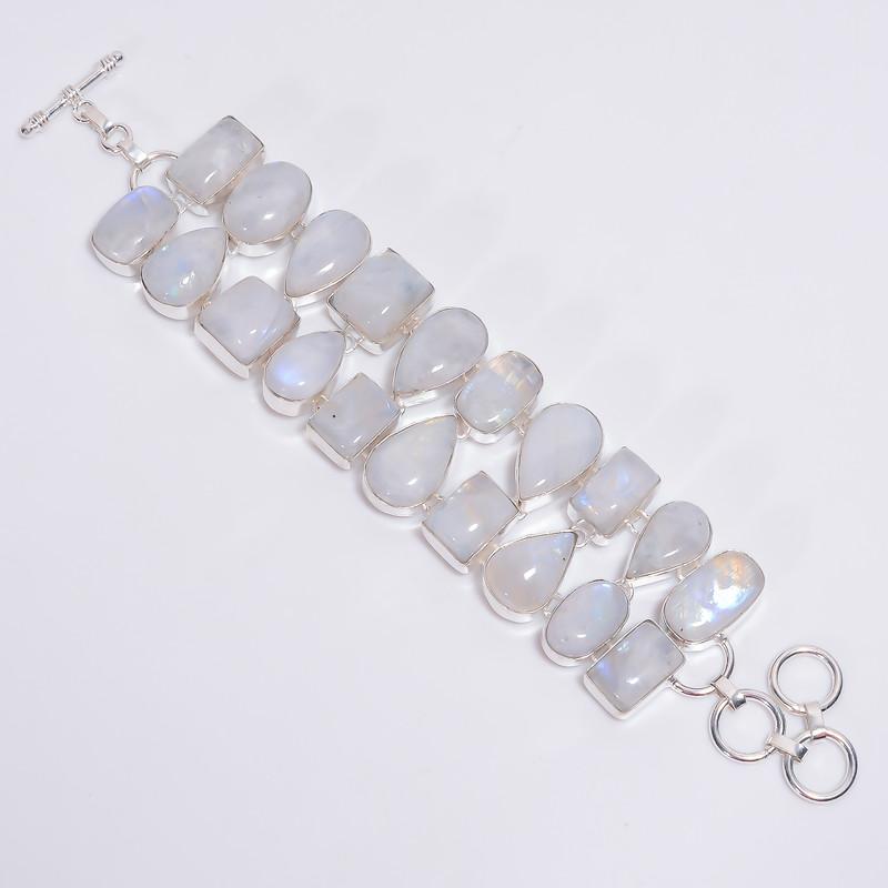 Moonstone Silver Bracelet Handmade Bracelet  Natural Rainbow Moonstone Ethnic Style Handmade Jewelry 925 Sterling Silver Plated Bracelet 6-8" WSJ-4628