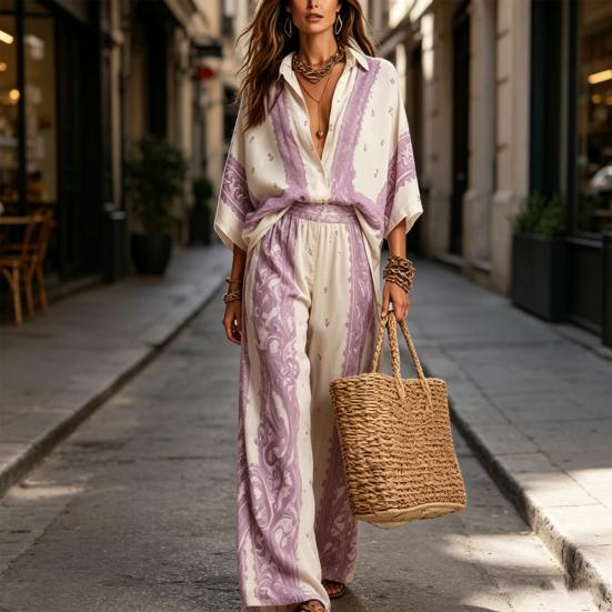 Damen Boho Baumwolle Leinen 2-teilige Sets, 3/4 Ärmel Bedruckte Hemden und Weite Hosen Passende Sets, Lockere Urlaubs-Lounge-Outfits