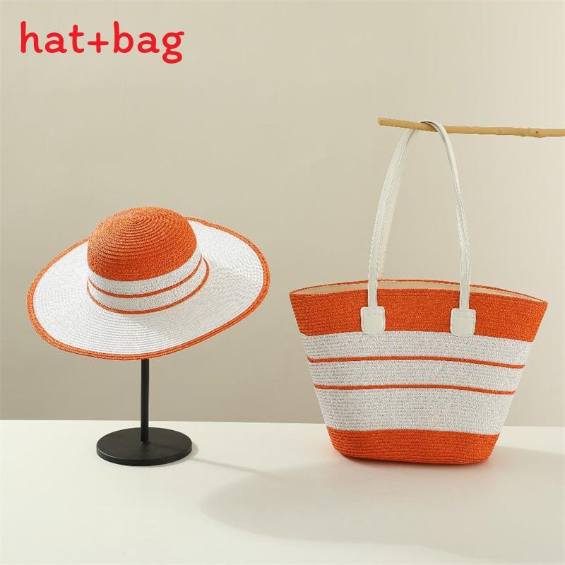 Woven Sun Hat And Large Capacity Straw Tote With Striped Pattern For Travel And Casual Wear