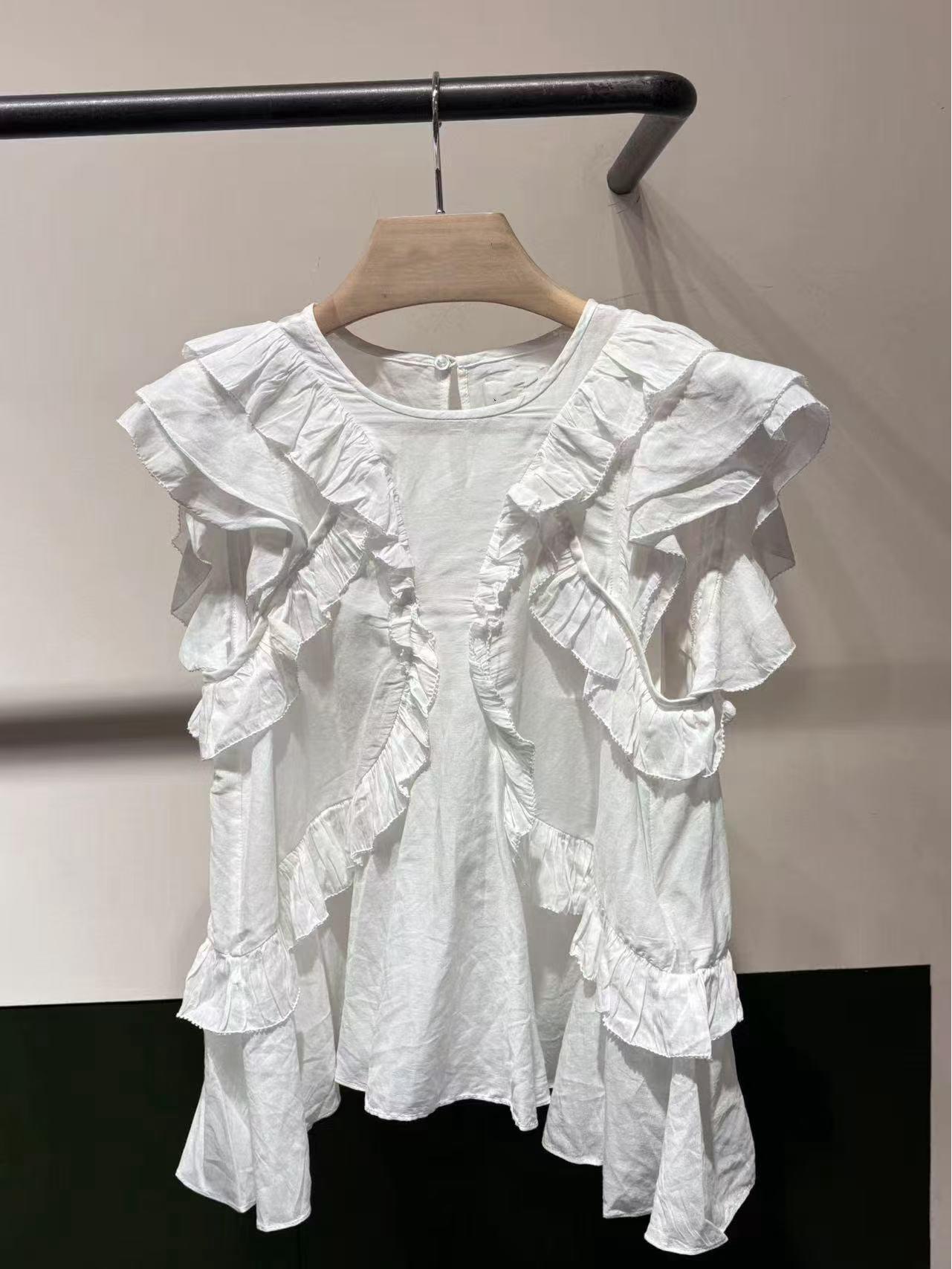 2026 Spring/Summer Sweet Ruffle Patchwork Tank Top with Puff Sleeves M белый