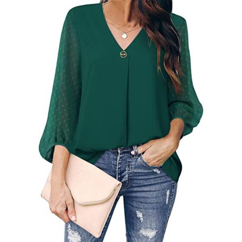 

2026 Womens Clothing Spring Autumn Fashion Dot Puff Sleeve Women Tops V-neck Loose Long Sleeve Shirt Blouse Blusas 25792 XXL темно-зелений колір