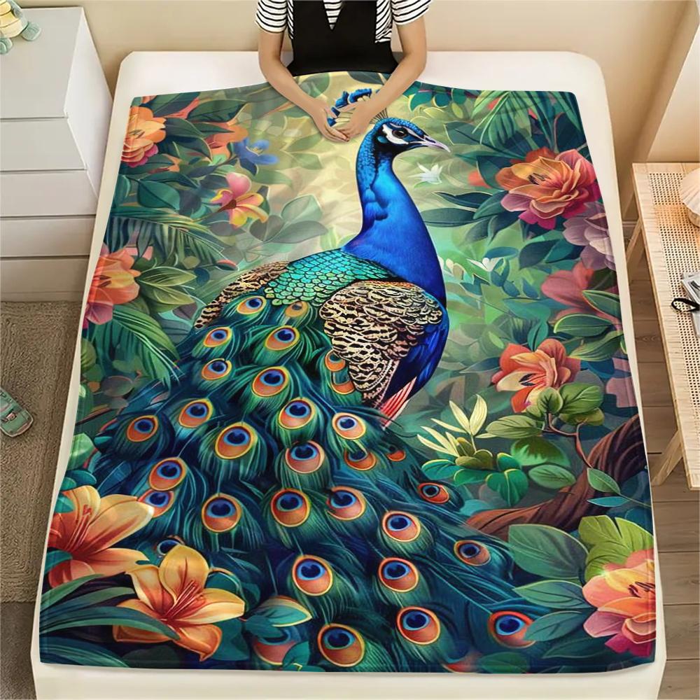 1Pc Peacock Oil Painting Print Flannel Blanket, High Quality Comfortable for All Seasons, Home Decor, Warmth and Comfort, Perfect for Christmas Gifts