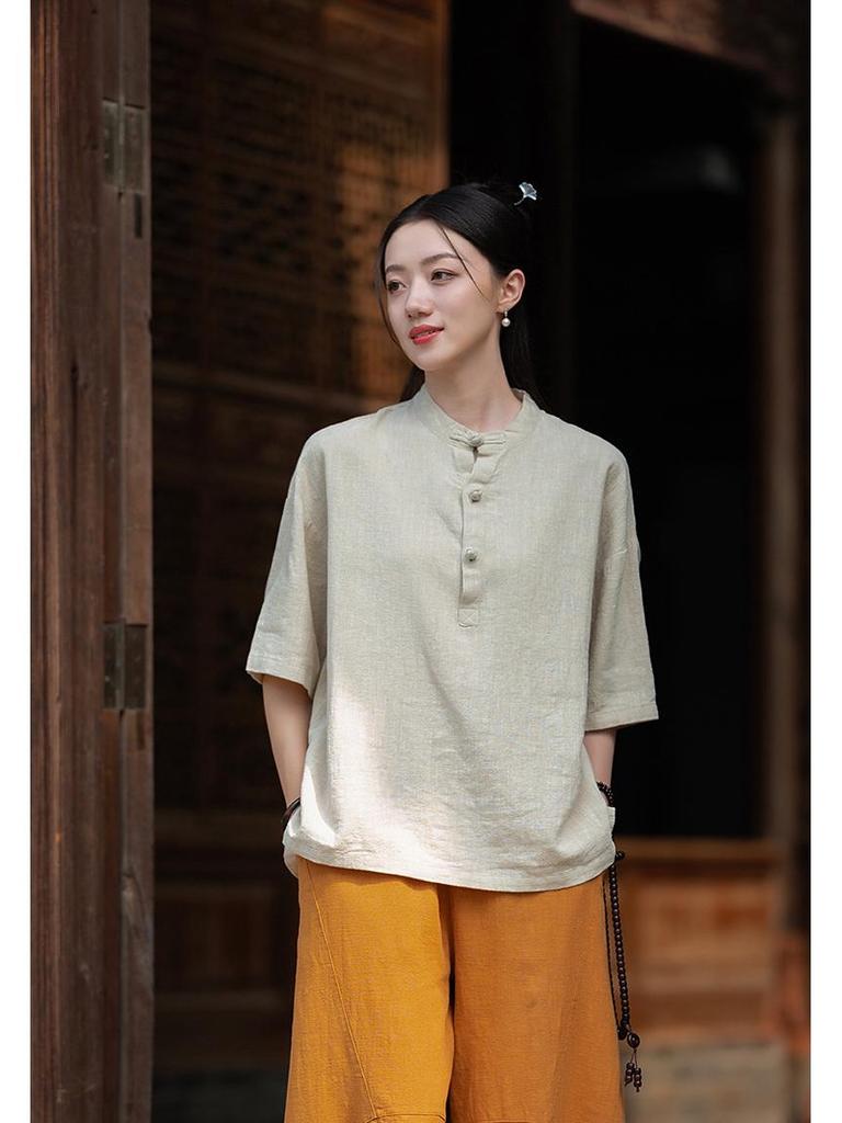 Women's Short-Sleeve Retro Frog Button Linen-Cotton Zen Top