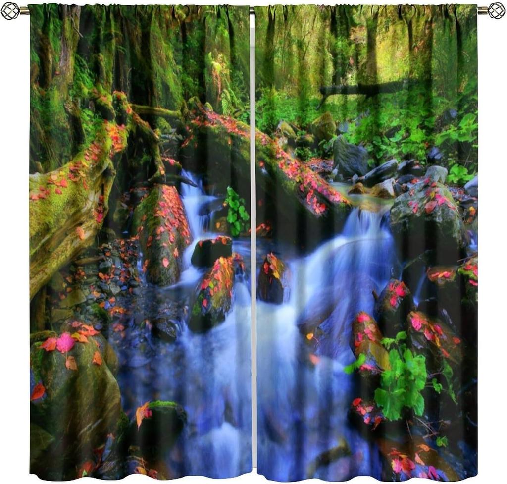 Blackout Red Forest Waterfall Windows Curtains Tree Landscape Woodland Scenic Nature Fall Scenery Art Printed Curtain Made Of Polyester Washable